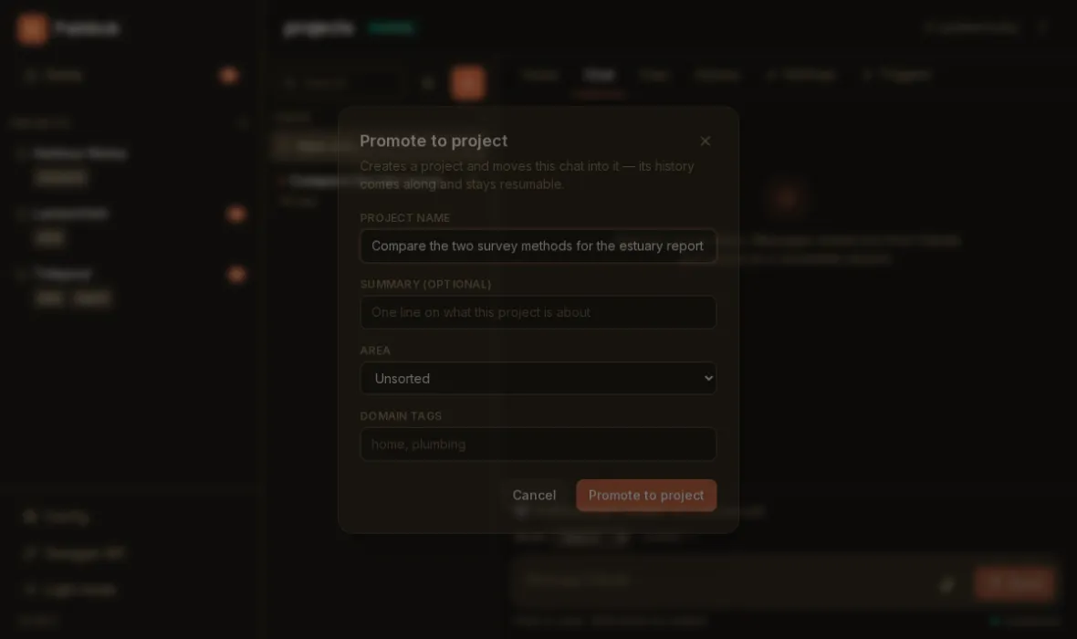 The "Promote to project" dialog over a root chat, with the project name pre-filled from the chat's title and empty optional fields for summary, area and domain tags